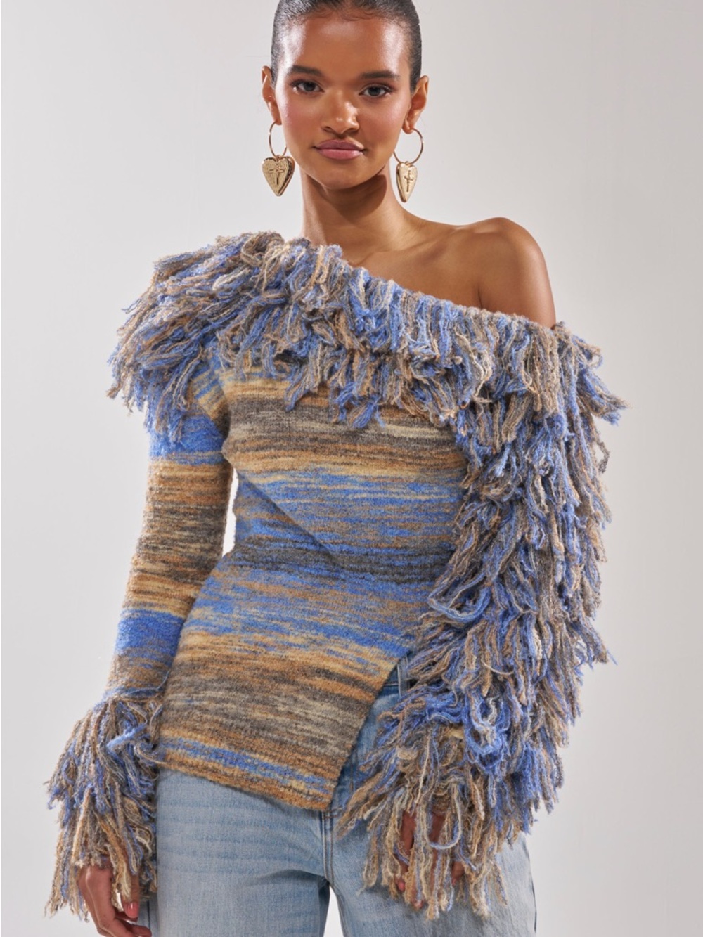 Off-Shoulder Fringe Knit Sweater in Blue and Brown - Size Medium